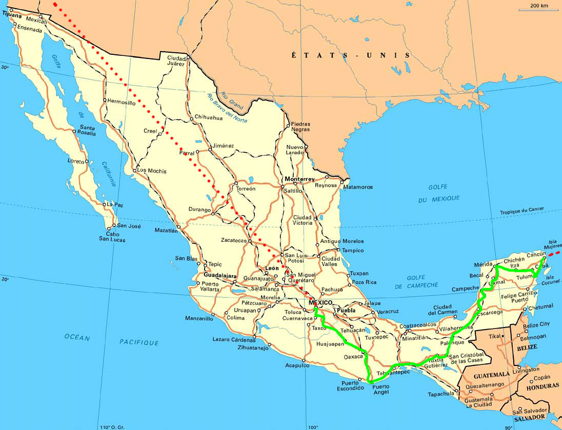 carte de notre parcours au Mexique